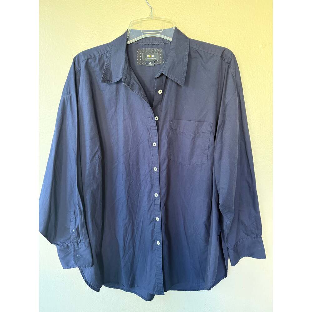 Maeve Anthropologie Navy Blue Cotton Button Down Shirt Tunic 1X Relaxed Fit - Picture 2 of 10